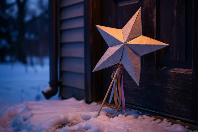 Een grote papieren ster op een stok met linten leunt tegen een donkere houten deur in de sneeuw, in warm licht tegen een koele blauwe achtergrond.