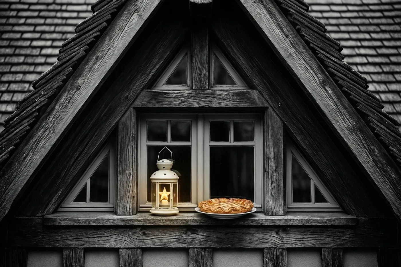 Bij een raam van een houten huis met trapgevel staan een lichtgevende sterlantaarn en een galette op de vensterbank, onder een donker verweerd dak.