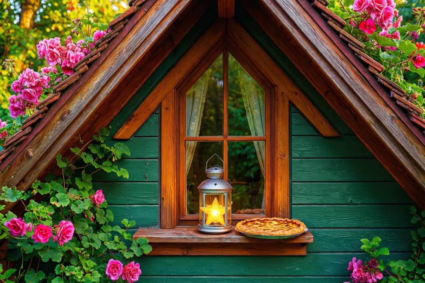 Een houten raam van een groen huis met trapgevel is versierd met roze bloemen en heeft een lichtgevende sterlantaarn en een galette op de vensterbank, omringd door tuingroen.