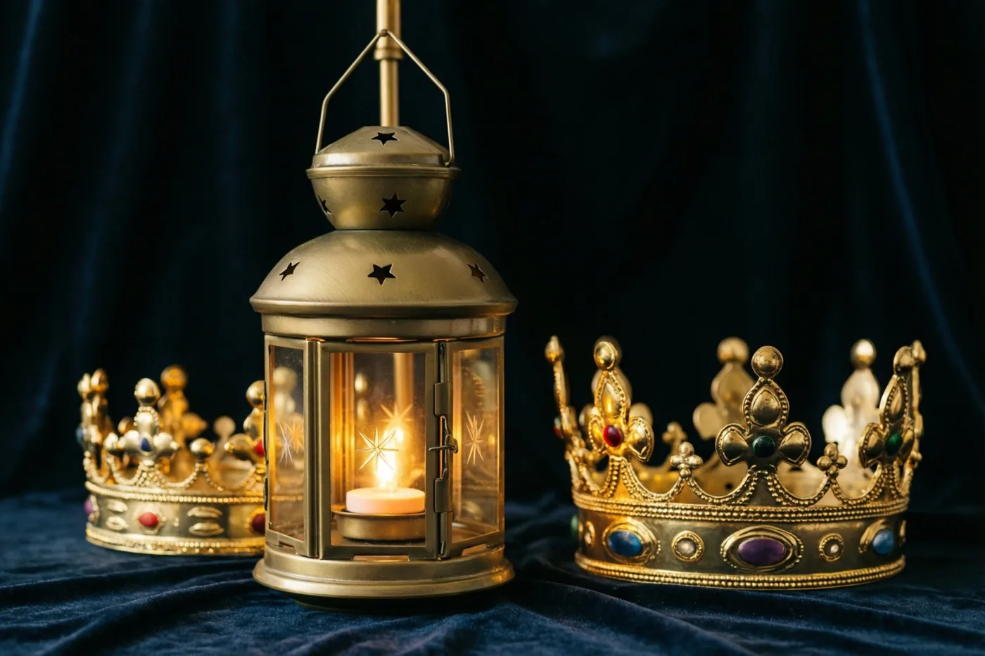Een lichtgevende messing sterlantaarn met een brandende kaars staat tussen twee gouden kronen met kleurrijke juwelen op donkerblauw fluweel tegen een donkere fluwelen achtergrond.