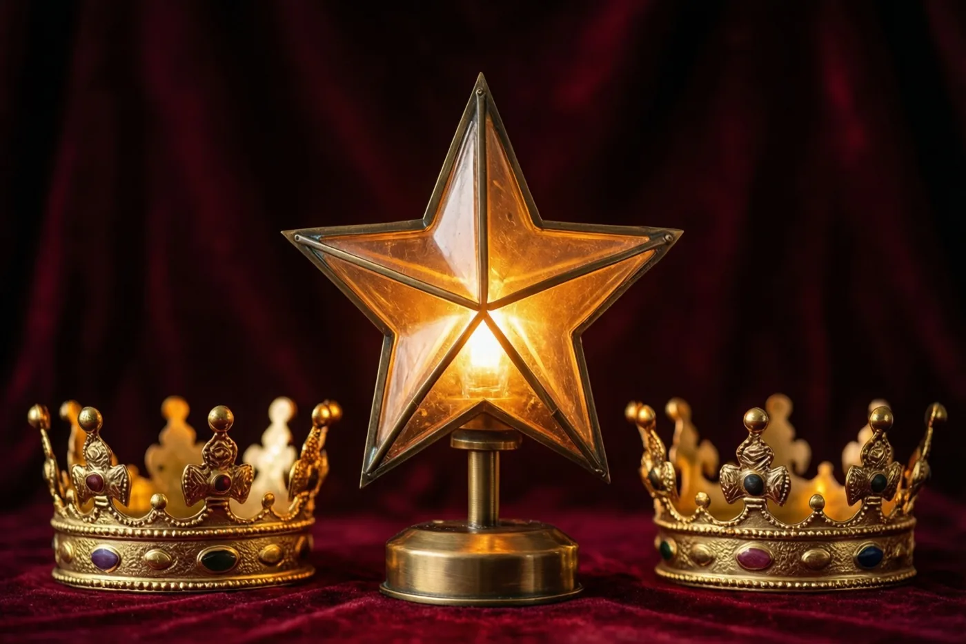 Een lichtgevende messing sterlantaarn op een stok staat tussen twee sierlijke gouden kronen tegen een donkere fluwelen achtergrond.