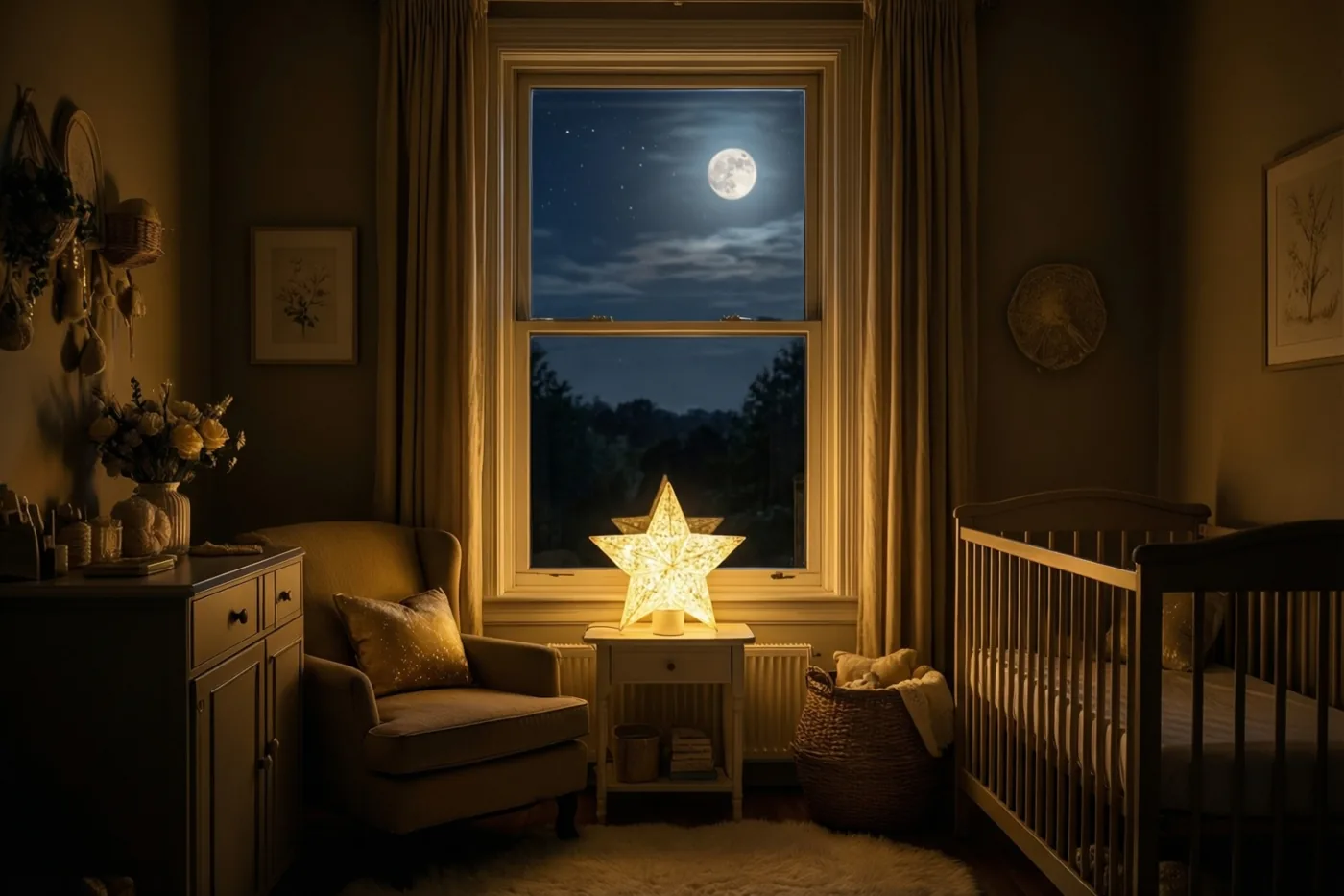In een babykamer staat een brandende sterlamp op een tafeltje naast een babybedje, met de volle maan en sterren zichtbaar door het raam in warme gele en bruine tinten.