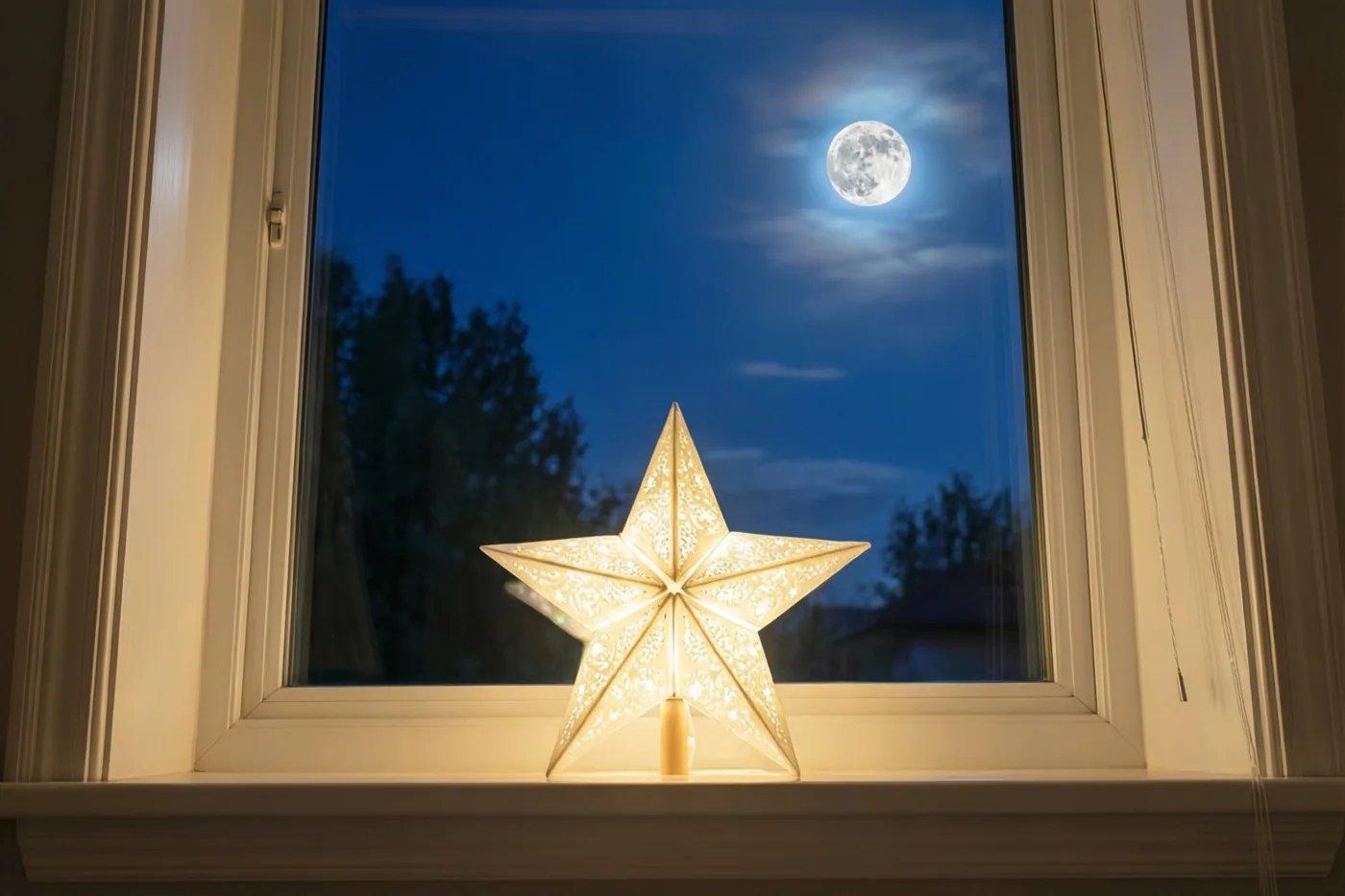 Een brandende stervormige lamp staat 's nachts op een vensterbank in een warm verlichte kamer, met een volle maan aan de donkerblauwe hemel buiten.