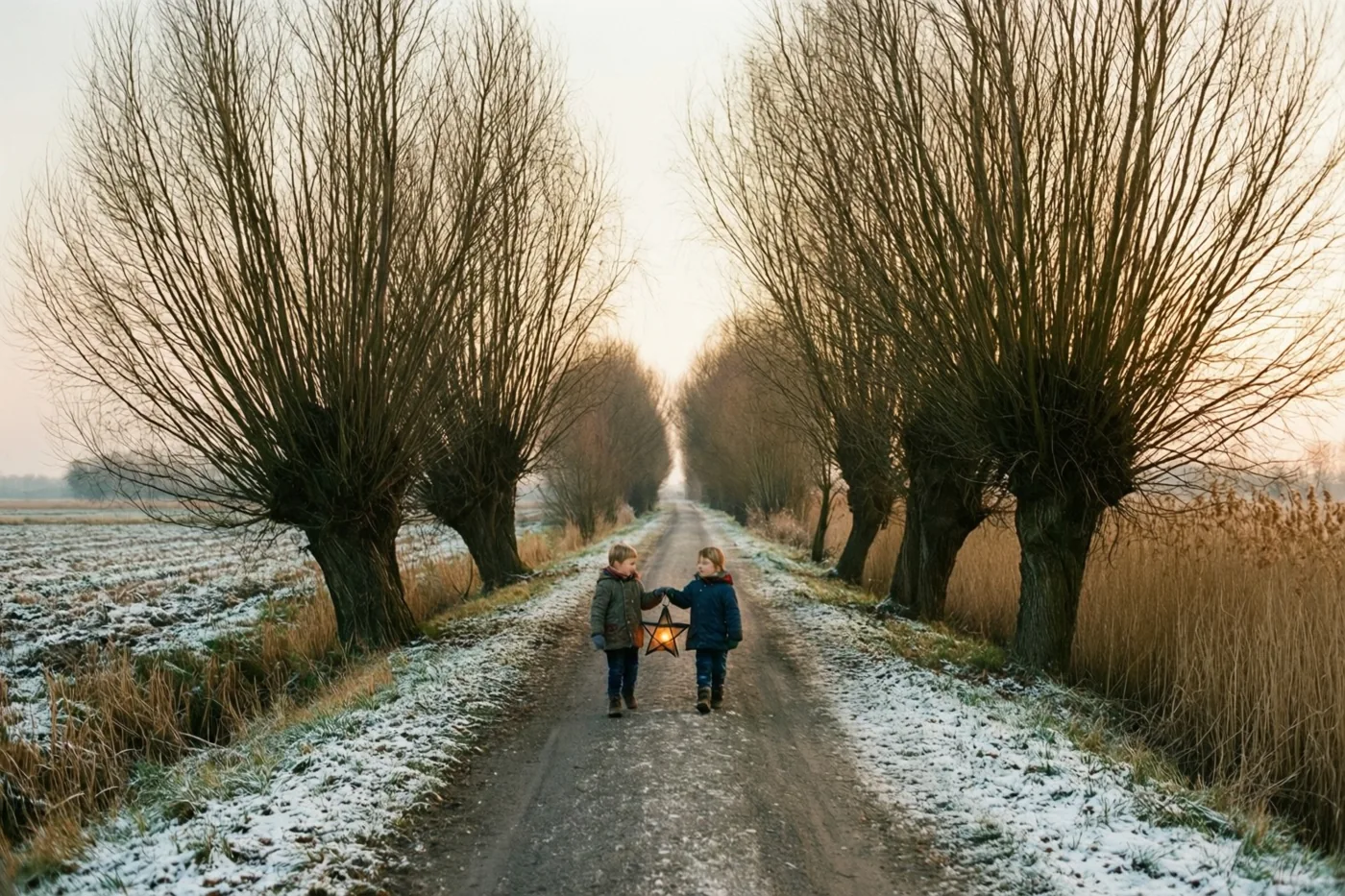 Twee kinderen lopen hand in hand met een lichtgevende sterlantaarn over een besneeuwde weg tussen knotwilgen, in het warme licht van een lage zon.