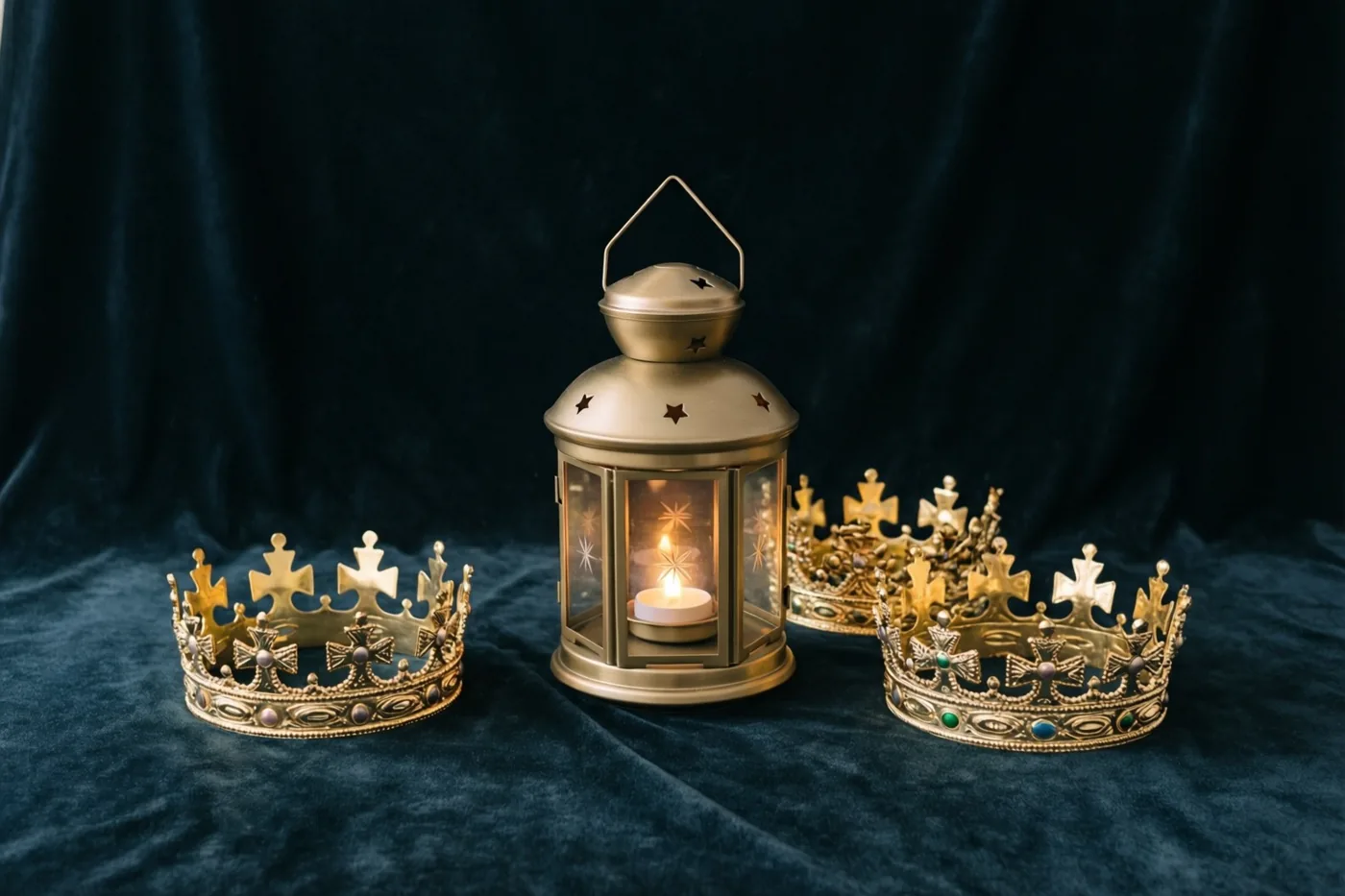 Een lichtgevende messing sterlantaarn met een brandende kaars staat tussen drie sierlijke gouden kronen op donker fluweel tegen een donkere fluwelen achtergrond.