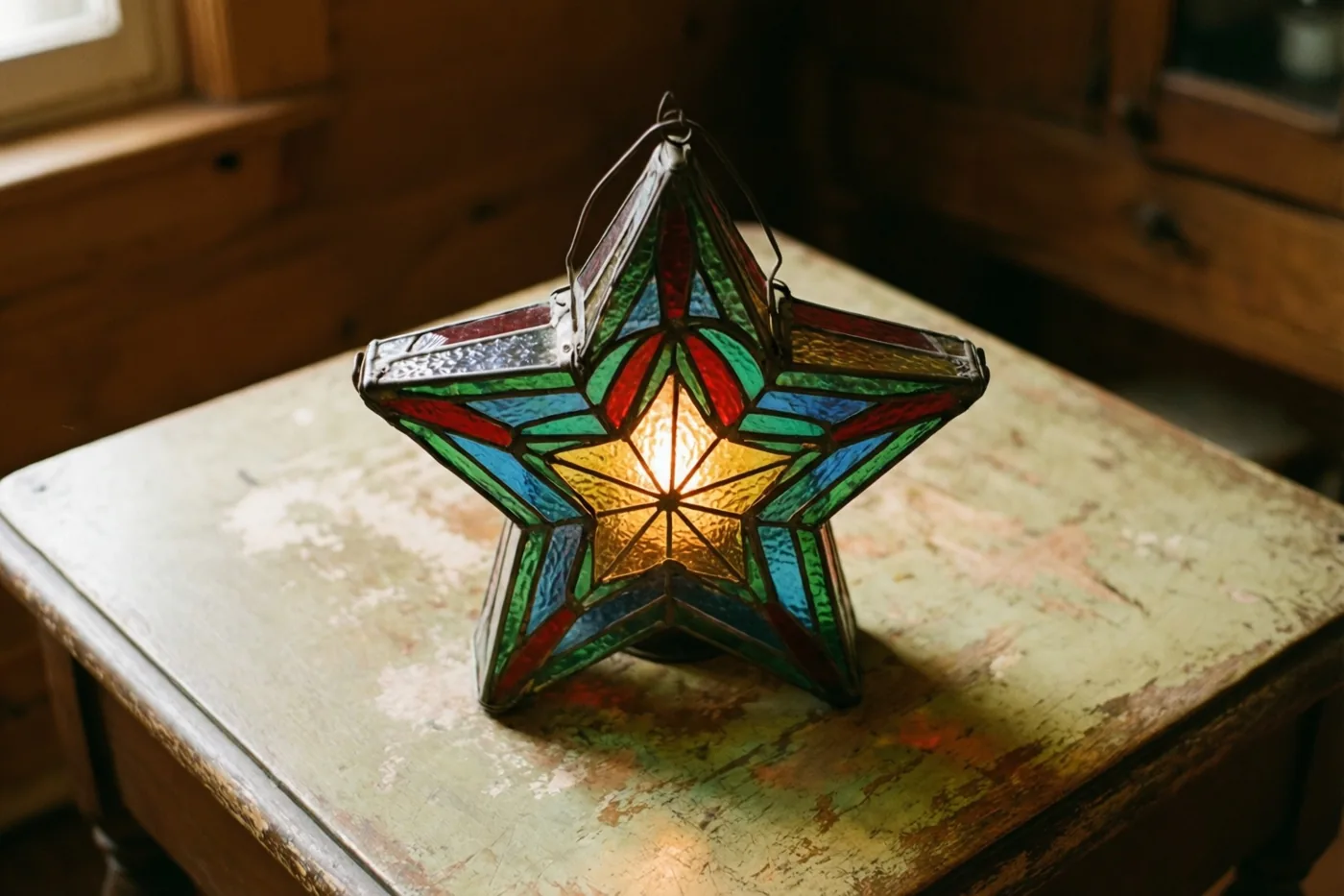 Een oude stervormige lantaarn met gekleurde glas-in-loodpanelen staat te branden op een verweerde houten tafel met afbladderende verf en werpt gekleurde weerspiegelingen op het blad.