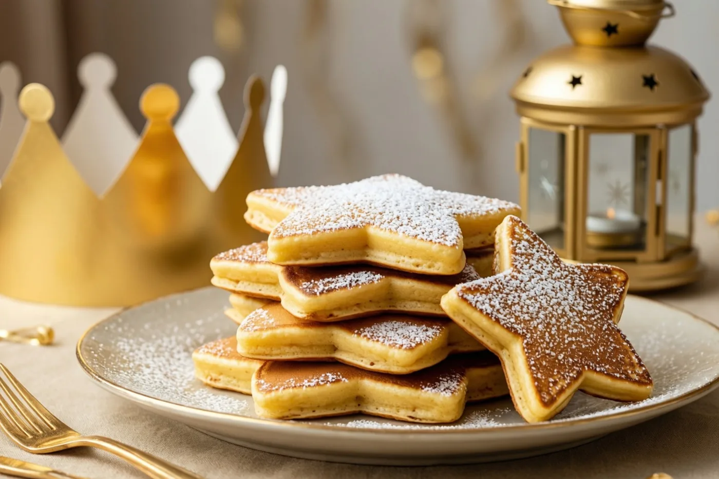 Een bord met een stapel stervormige pannenkoeken met bloemsuiker staat op een beige tafelkleed naast goudkleurig bestek, een goudkleurige papieren kroon en een lantaarn met sterrenpatroon.