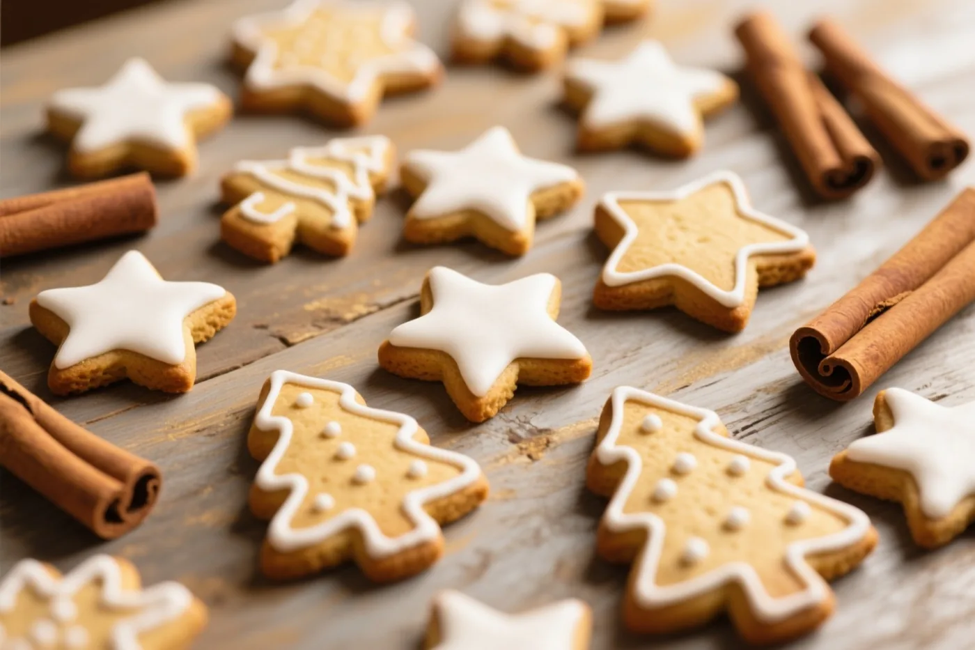 Gemberkoekjes in de vorm van sterren en kerstbomen met wit glazuur liggen met kaneelstokjes op een rustieke houten tafel.