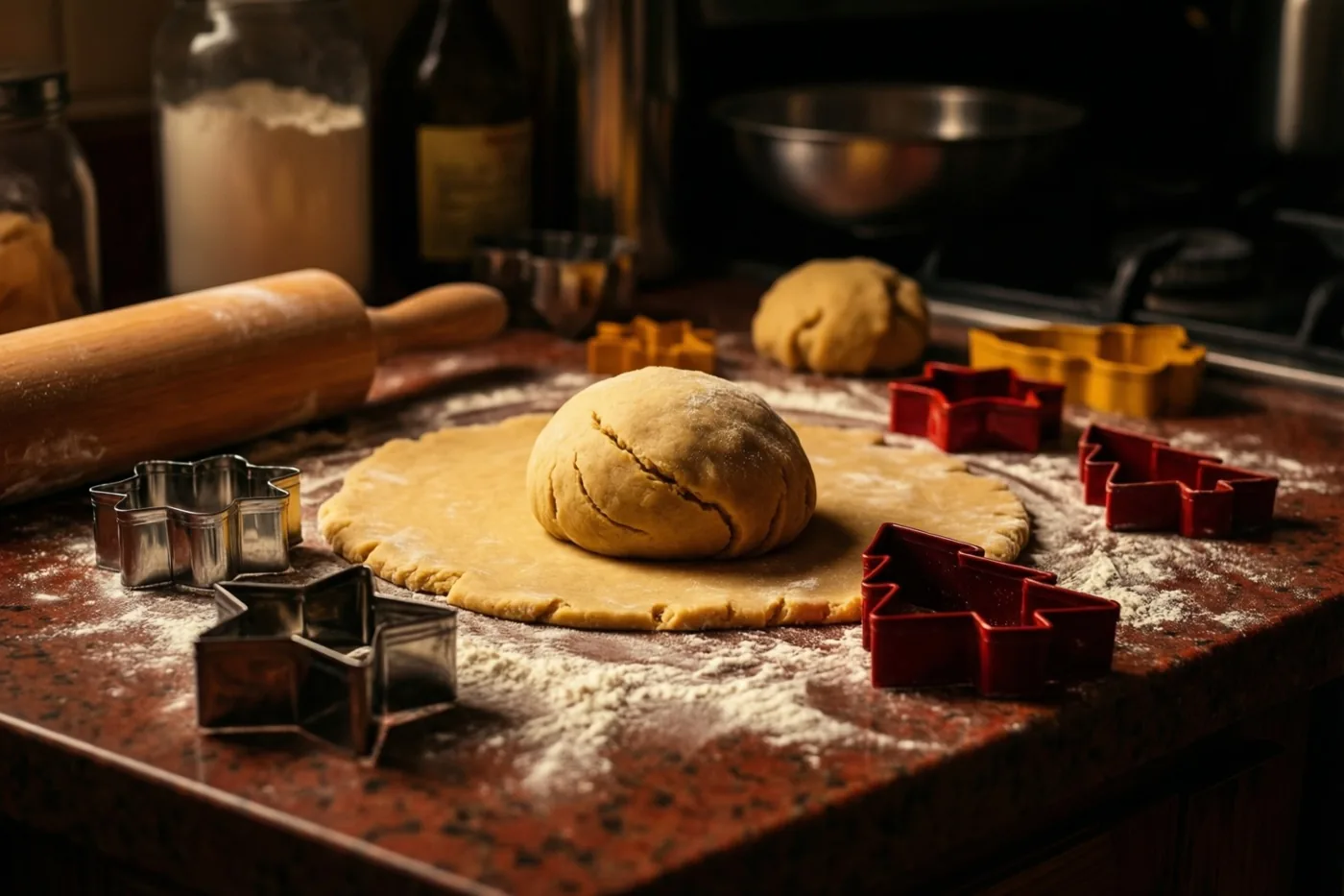 Een met bloem bestoven keukenwerkblad ligt vol uitgerold deeg en uitsteekvormpjes in de vorm van sterren en dennenbomen, in warm licht met bruine, rode en gouden tinten.