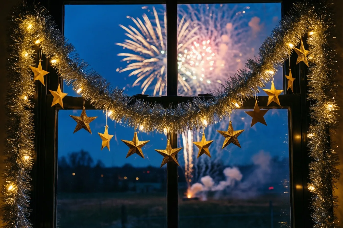 Een raam met gouden papieren sterren en zilveren slingers kijkt uit op vuurwerk tegen een donkerblauwe hemel in de schemering.