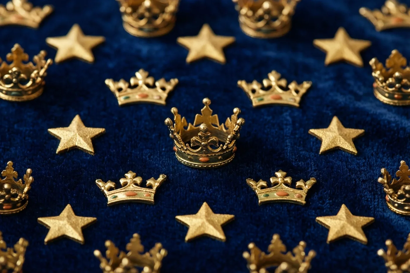 Op een diepblauwe fluwelen ondergrond liggen kleine gouden kroontjes en sterren verspreid.