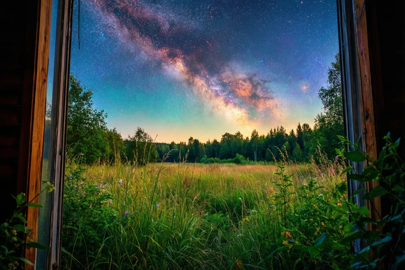Door een raam met een houten kader is de Melkweg boven een weide met hoog gras en bomen te zien, in diepe blauwe, paarse en groene tinten.