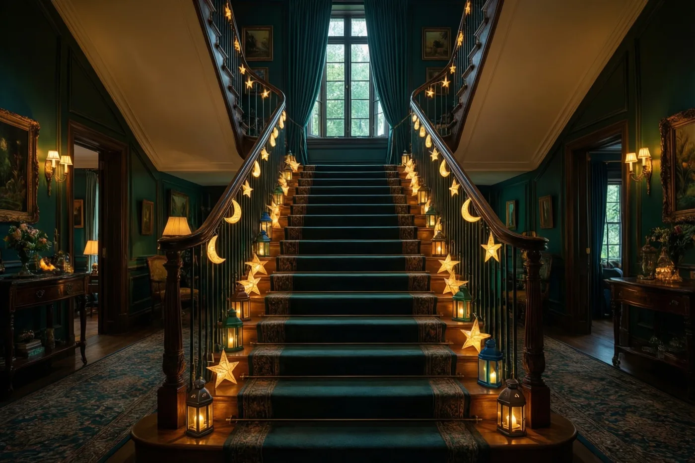 Een elegante trap in een statig huis is versierd met lichtgevende ster- en maanlantaarns, in een rijk ingericht interieur met diep blauwgroene muren en warm licht.