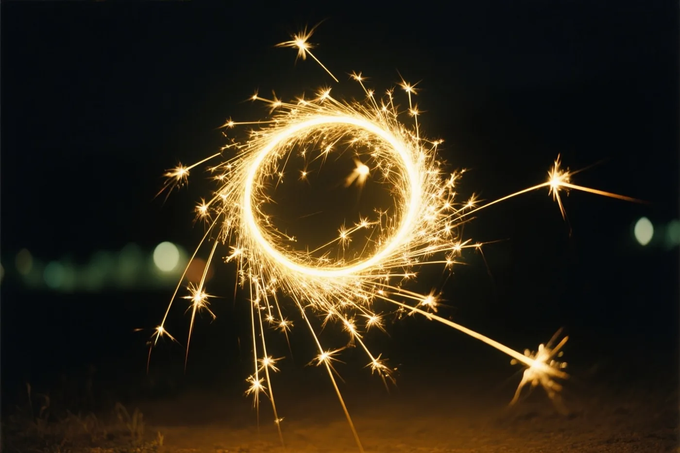 Een rondgezwaaid sterretje maakt een gouden lus van licht en vonken tegen de donkere nachtlucht, met vage lichtjes op de achtergrond.