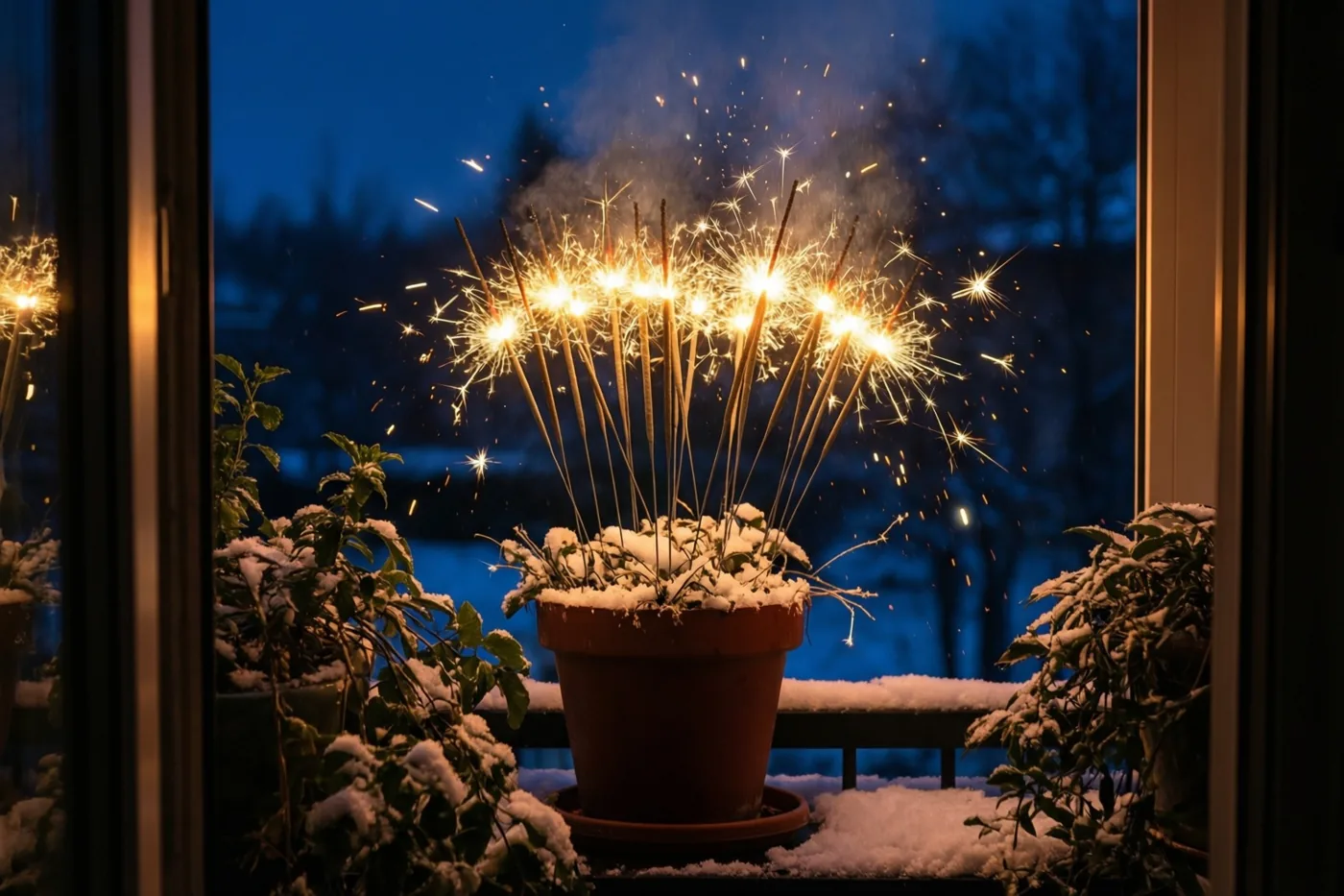 Door een raam zijn brandende sterretjes in een besneeuwde terracotta bloempot op een balkon te zien, met besneeuwde planten aan weerszijden.