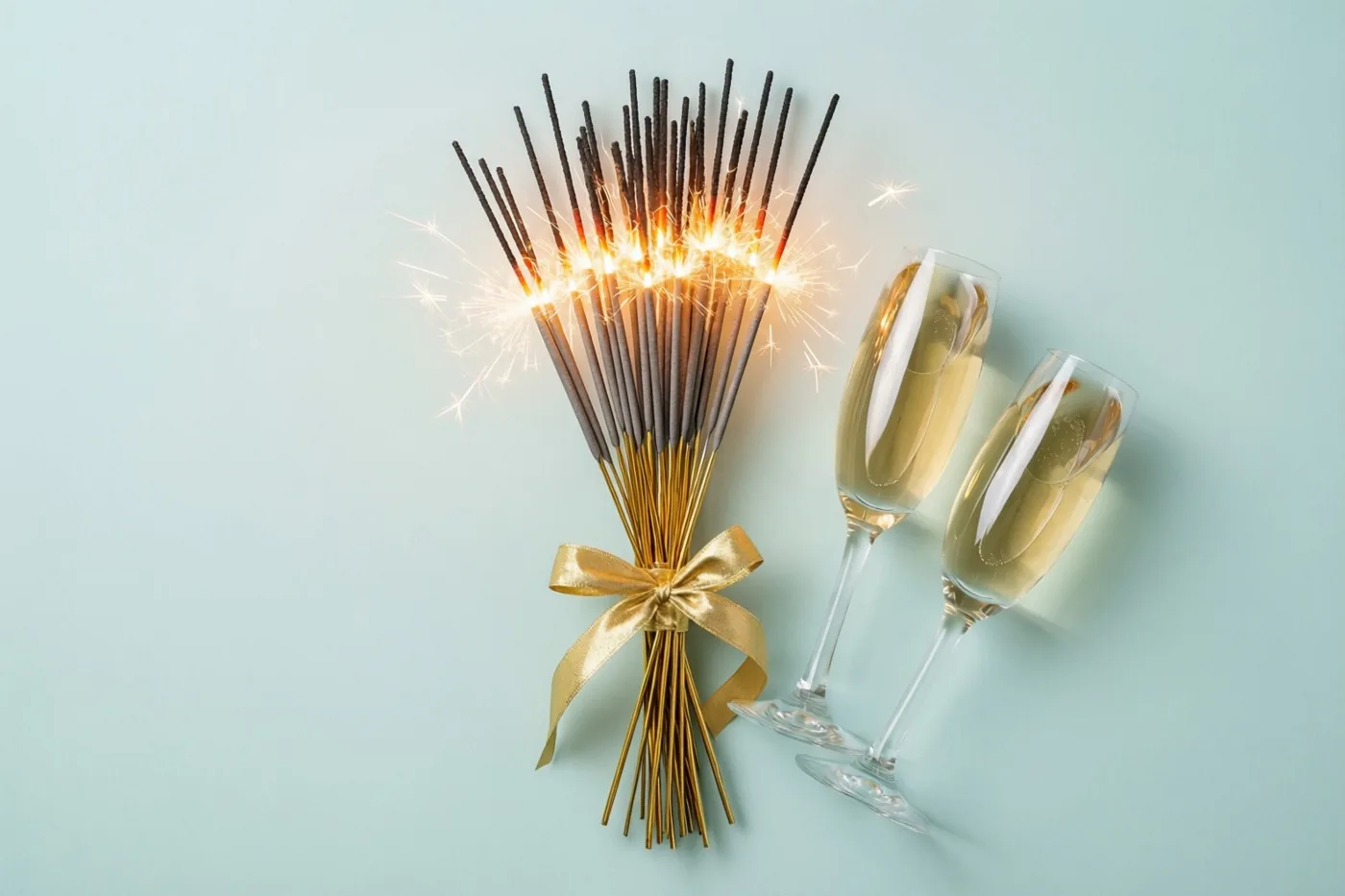 Een bundel niet-brandende sterretjes met een gouden lint staat naast twee champagneglazen tegen een lichtblauwe achtergrond.
