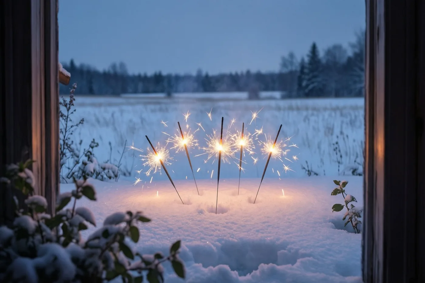 Door een raam zijn meerdere brandende sterretjes in verse sneeuw op een nachtelijk veld te zien, met geeloranje licht tegen blauwe en witte wintertinten.