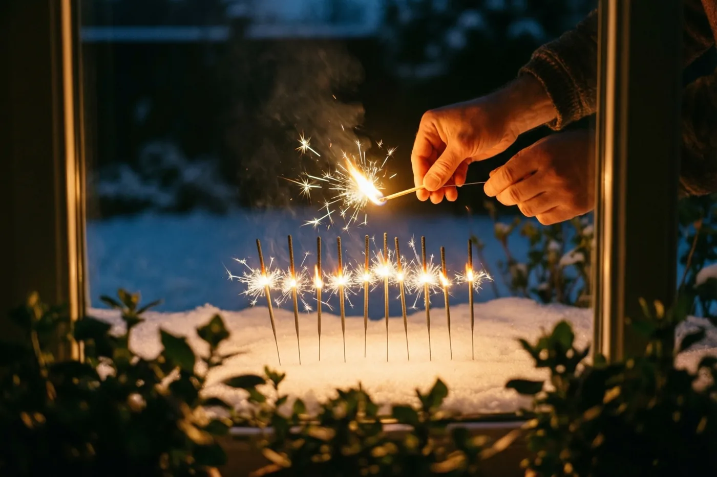 Handen strijken een lucifer aan om sterretjes in de sneeuw buiten een raam aan te steken, met warm licht tegen een blauwe nachtelijke achtergrond.
