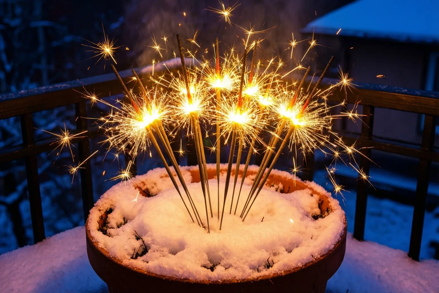 Brandende sterretjes verspreiden gouden vonken vanuit een besneeuwde terracotta bloempot op een balkon met een houten leuning tegen een donkerblauwe nachtelijke achtergrond.