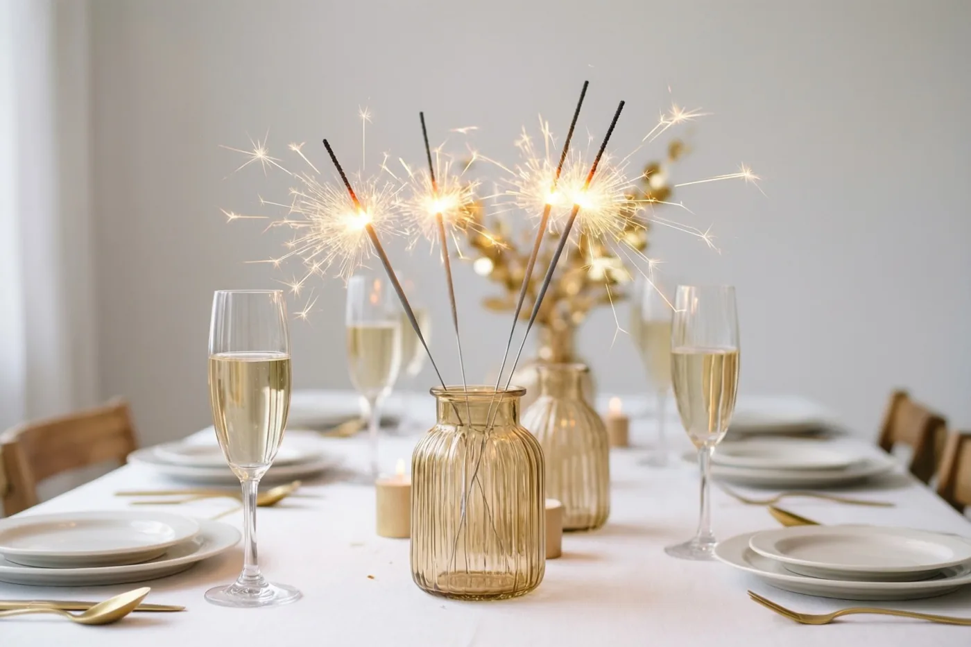 Een sober gedekte witte tafel draagt champagneglazen, goudkleurig bestek en gouden sterretjes in amberkleurige vazen, verlicht door warme vonken en zacht omgevingslicht.