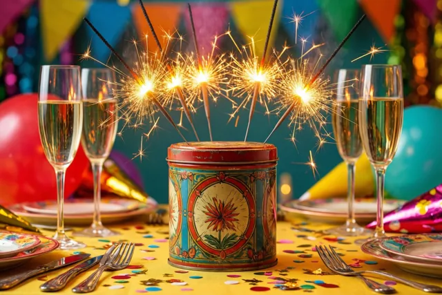 Brandende sterretjes steken uit een oud blik op een geel tafelkleed met confetti, tussen champagnecoupes en feestbordjes, met ballonnen en vlaggetjes op de achtergrond.