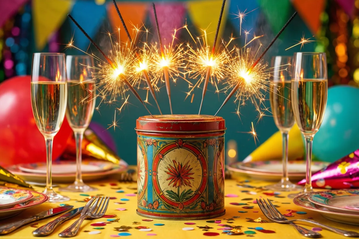 Brandende sterretjes steken uit een oud blik op een geel tafelkleed met confetti, tussen champagnecoupes en feestbordjes, met ballonnen en vlaggetjes op de achtergrond.