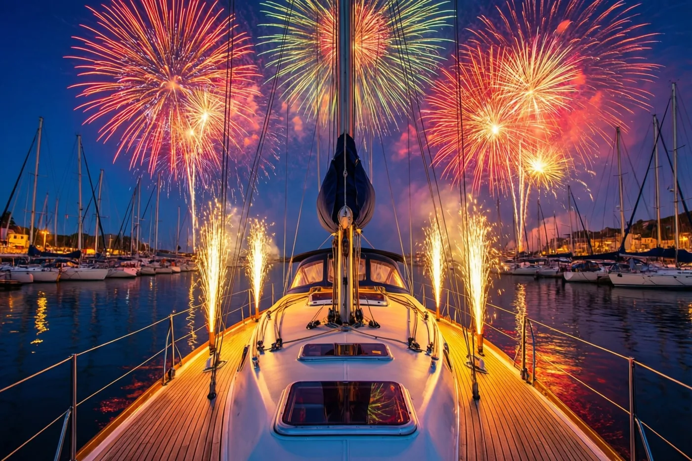Vanaf het dek van een zeilboot in een nachtelijke haven zijn brandende sterretjes en kleurrijk vuurwerk te zien, met geel en oranje licht tegen de diepblauwe lucht en het water.