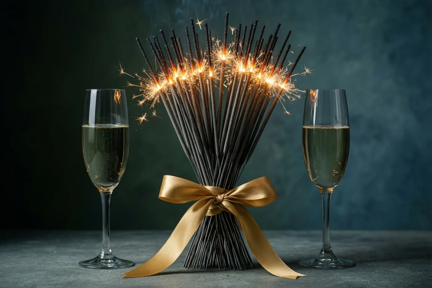 Een bundel niet-brandende sterretjes met een gouden lint staat tussen twee gevulde champagneglazen op een grijze ondergrond tegen een donkerblauwgroene achtergrond.