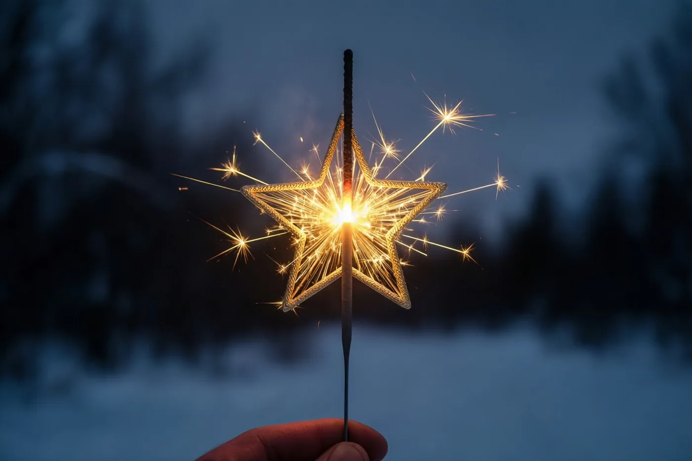 Een hand houdt een brandend stervormig sterretje dat gouden vonken verspreidt, tegen een donkere winterlucht boven sneeuw en wazige bomen.