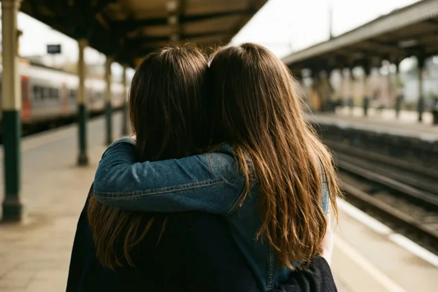 Twee mensen omhelzen elkaar stevig op een treinperron, van achteren gezien in zacht warm licht met denimblauwe, donkerbruine en beige tinten.