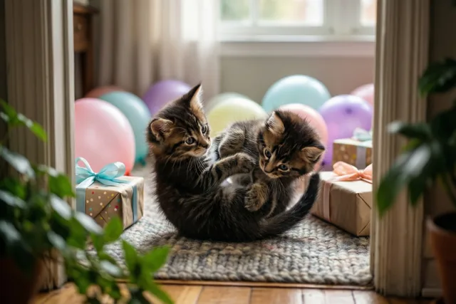 Jarig met twee speelse katjes