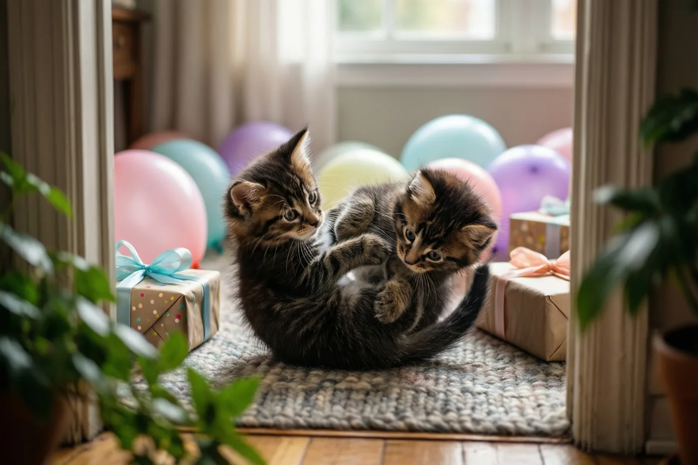 Twee gestreepte kittens stoeien op een wollen tapijt met structuur, met pastelballonnen en ingepakte verjaardagscadeaus op de achtergrond.