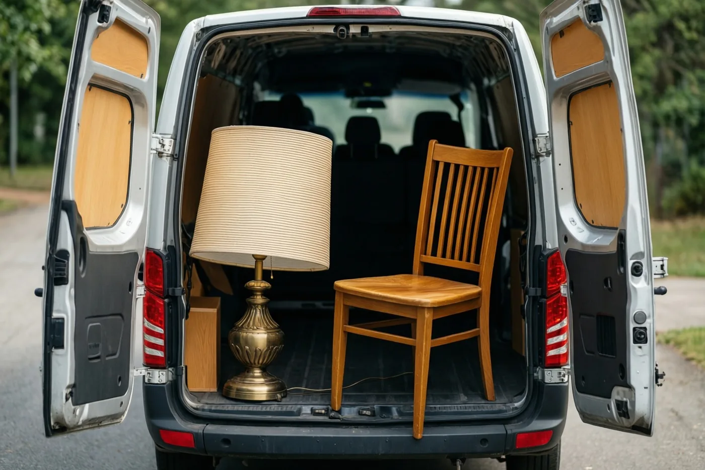 Een witte verhuiswagen staat met open achterdeuren op een verharde weg, met een houten stoel en een uitstekende messing lamp met beige kap en bomen op de achtergrond.