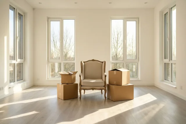 Een elegante stoel staat naast verhuisdozen in een verder leeg, zonnig appartement met hoge ramen en beige, witte en lichte houttinten.