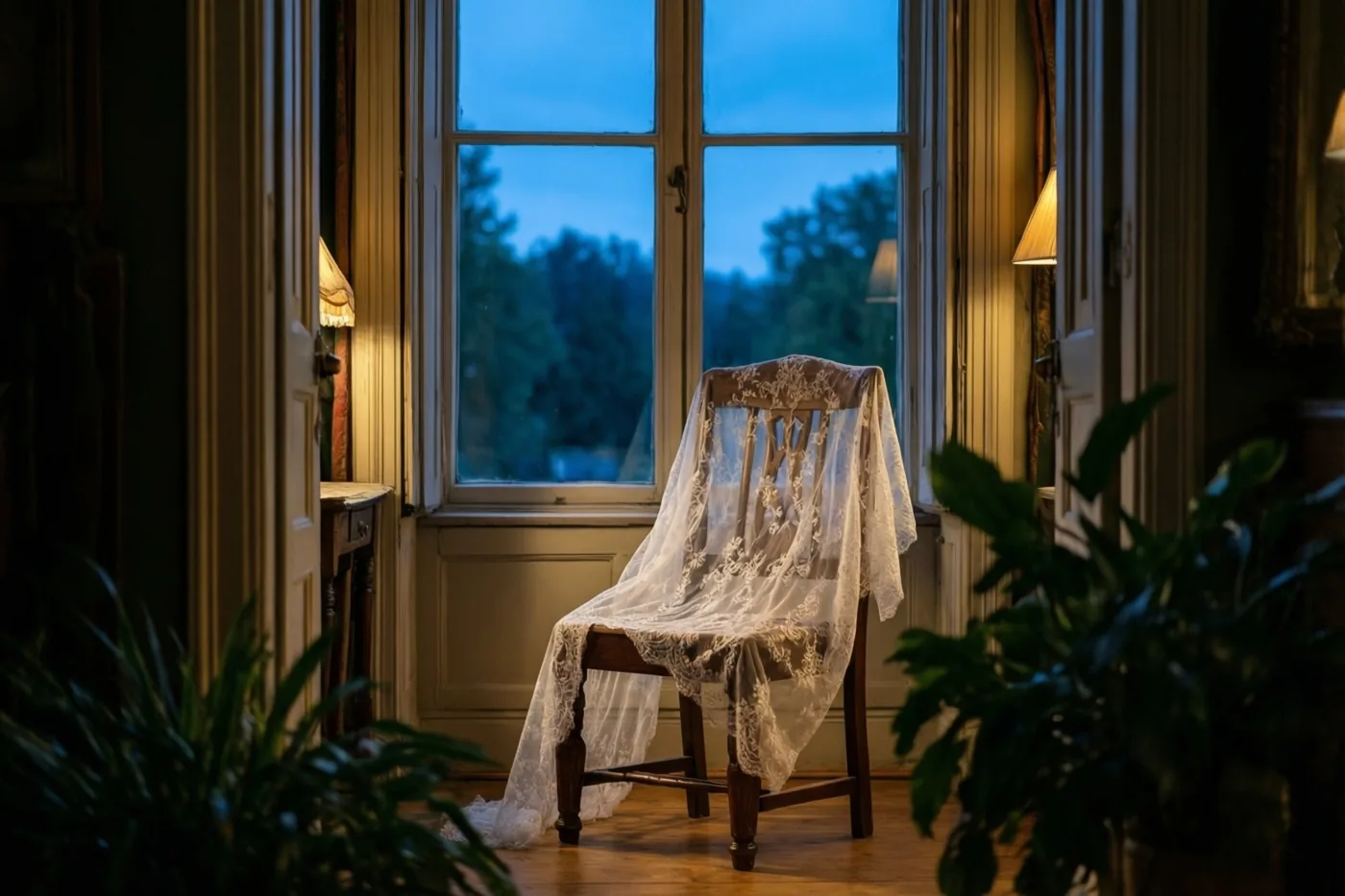 Een houten stoel met een witte kanten sluier staat voor een hoog raam in een schemerige kamer met warm binnenlicht en groene planten, terwijl buiten blauwe schemering te zien is.