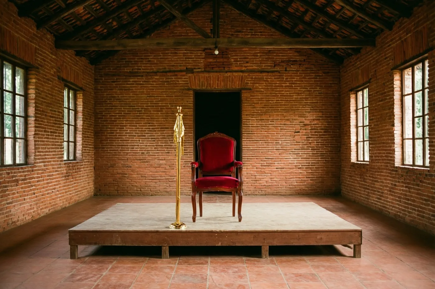 Een rode fluwelen stoel en een gouden staf staan centraal op een houten podium in een rode bakstenen schoolzaal met natuurlijk licht uit de ramen.