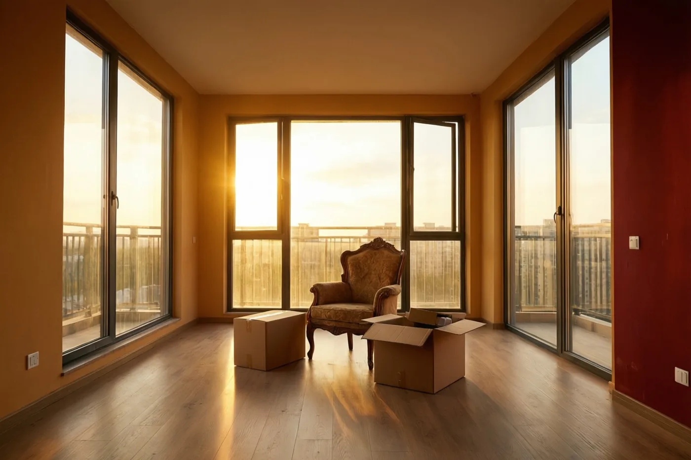 Een elegante stoel en verhuisdozen staan op de houten vloer van een verder leeg appartement met oranje muren, een rode accentmuur en hoge ramen waar goudkleurig zonlicht door valt.