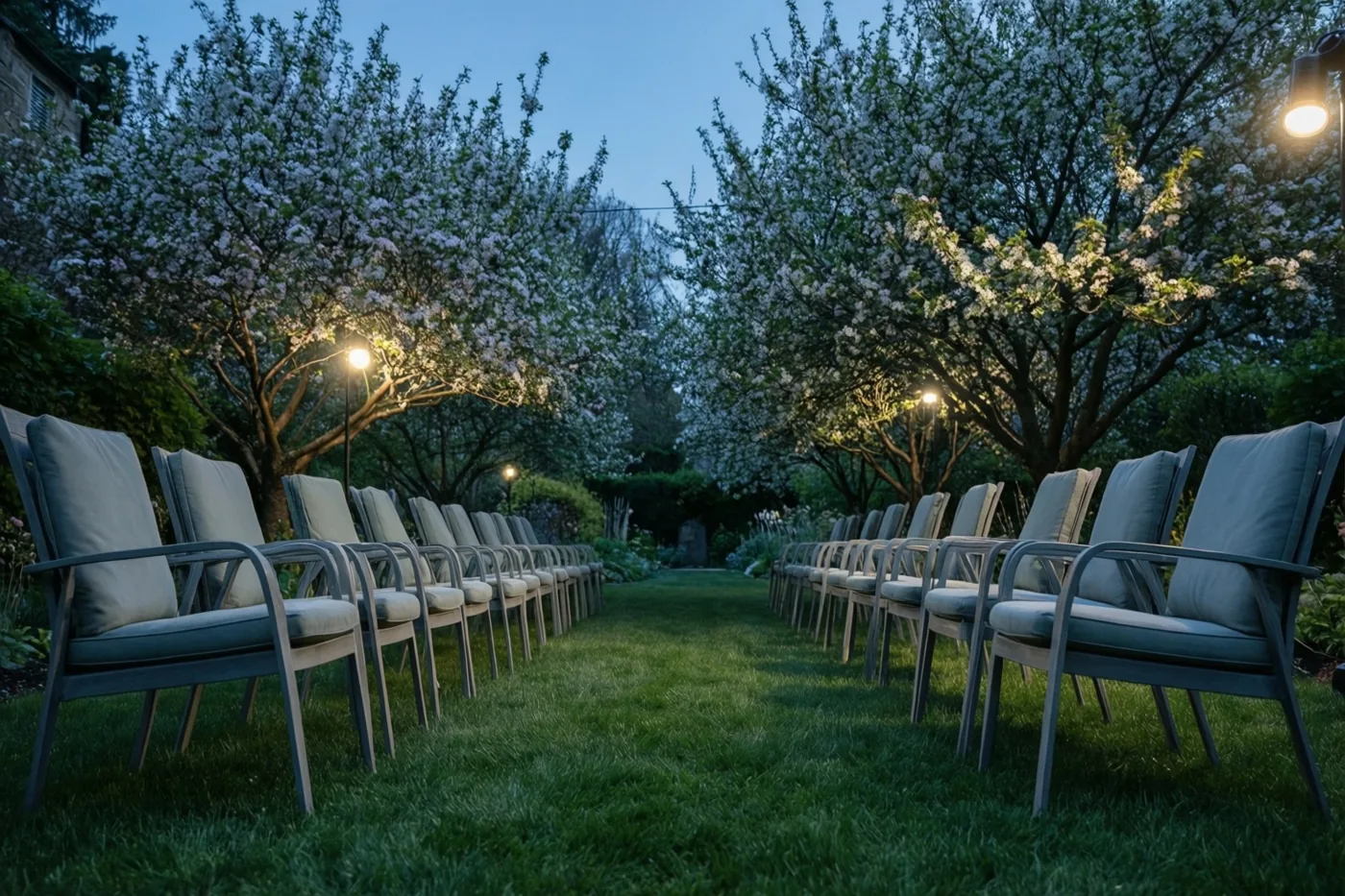 Rijen tuinstoelen staan op een grasveld onder bloeiende bomen bij schemering, verlicht door warme tuinlampen.