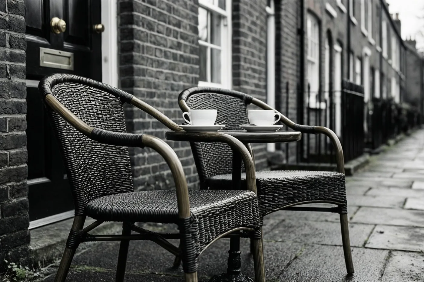 Twee rieten stoelen met koffiekoppen staan op een nat voetpad voor een bakstenen rijwoning in zwart-wit.
