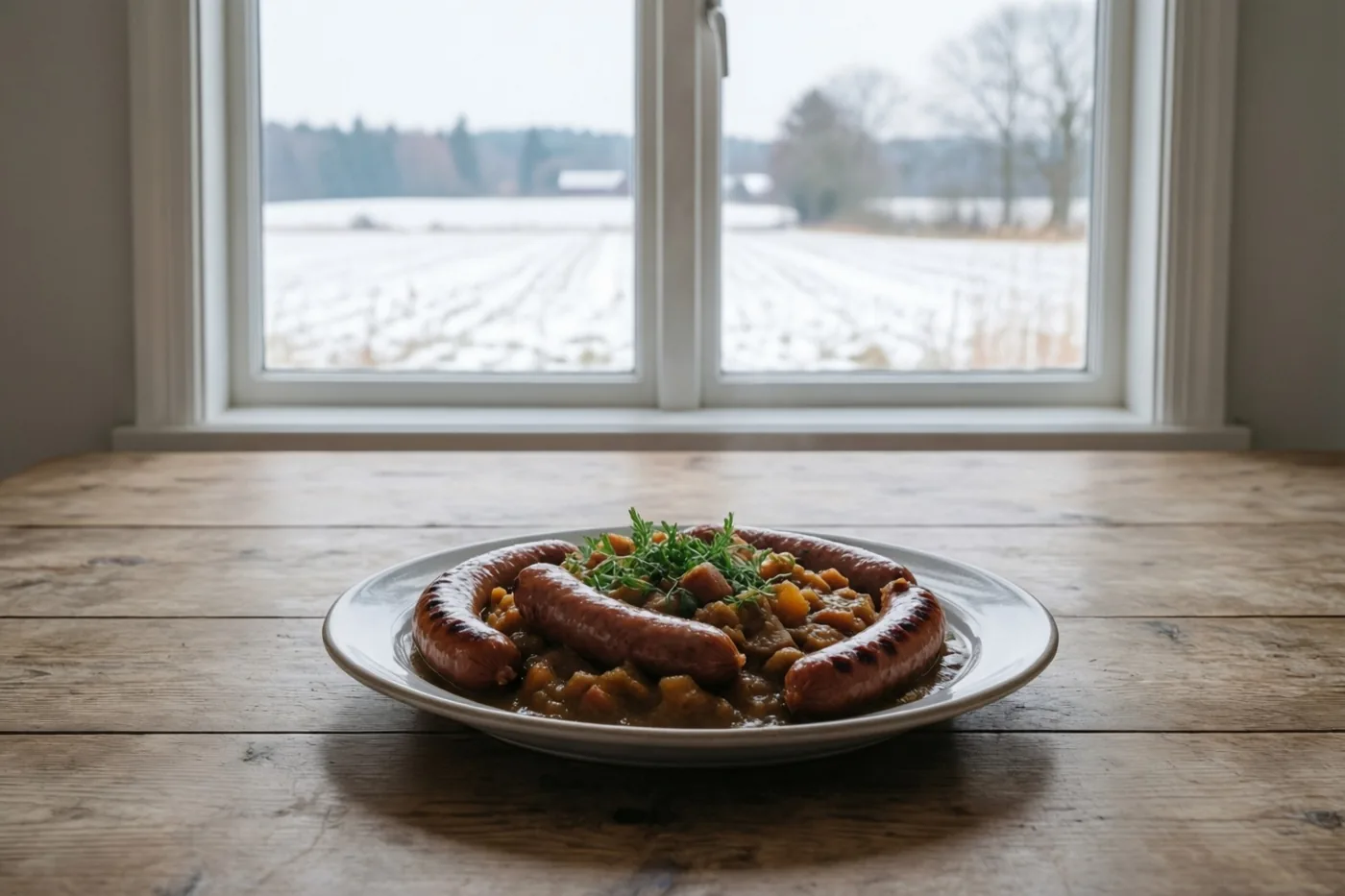 Een bord stoemp met worst staat op een rustieke houten boerderijtafel, met besneeuwde velden achter het raam.