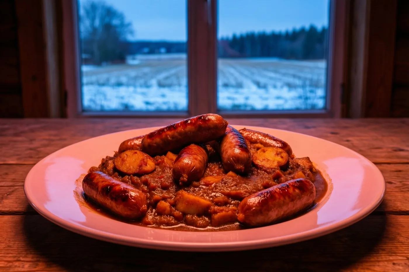 Een bord stoemp met worsten staat in warm licht op een houten boerderijtafel, met besneeuwde velden achter het raam.
