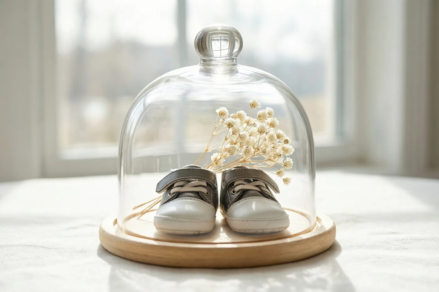 Een glazen stolp met kleine babyschoentjes en gedroogde witte bloemen staat op een houten dienblad op een wit oppervlak bij een raam.