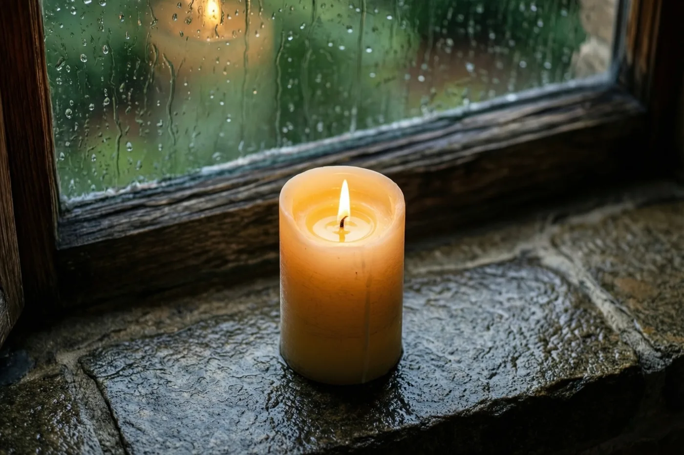 Een brandende stompkaars staat op een natte stenen vensterbank, met regensporen op het glas erachter.