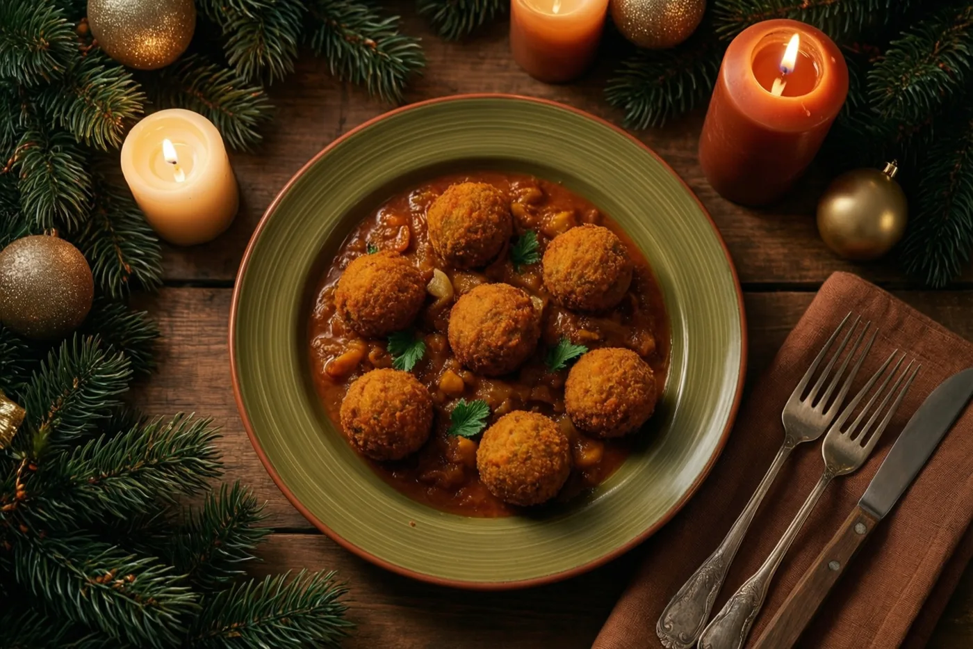 Een groen bord met stoofpot, goudbruine kroketten en peterselie staat op een donkere houten tafel tussen brandende kaarsen, dennentakken en gouden versieringen.