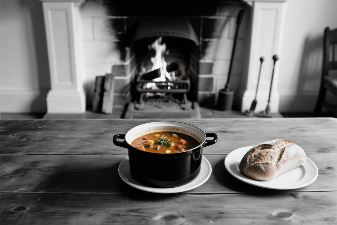 Een zwarte pot stoofpot en brood staan op een houten tafel voor een brandende haard, waarbij het eten kleur heeft en de rest grotendeels monochroom is.