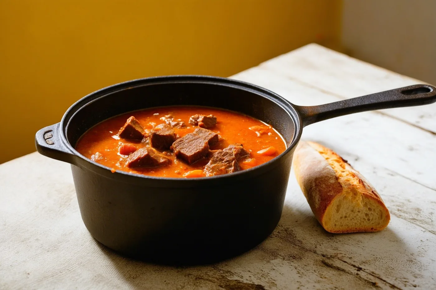 Een gietijzeren pot Vlaams stoofvlees staat met een brood op een rustieke witte houten tafel voor een warmgele muur.