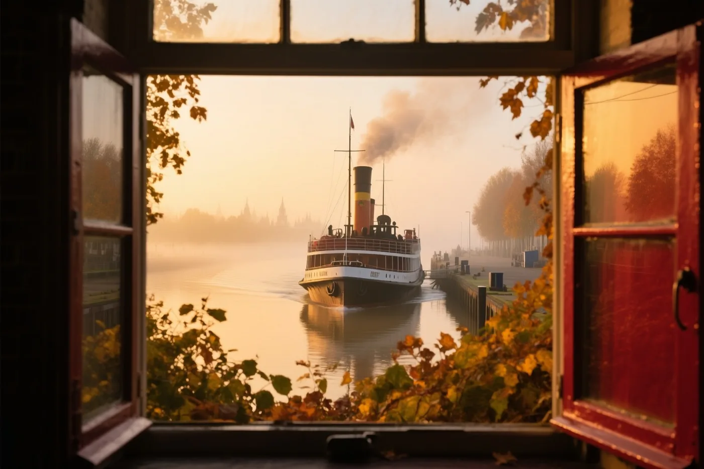 Door een open raam met herfstbladeren is een aankomende stoomboot met rokende schoorsteen bij een kade te zien, met verre torenspitsen in de goudkleurige ochtendmist.
