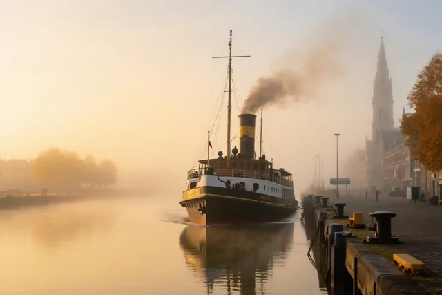Een oude stoomboot met rook uit de schoorsteen vaart door een mistig kanaal naar een kade, met een historische kerktoren op de achtergrond in goudkleurig licht.