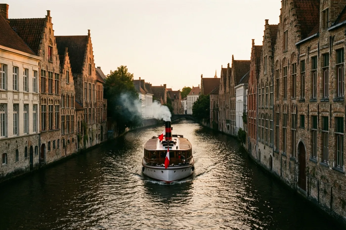 Een stoomboot met rode en witte vlaggen vaart in warm goudkleurig avondlicht over een kanaal langs historische Vlaamse gebouwen.