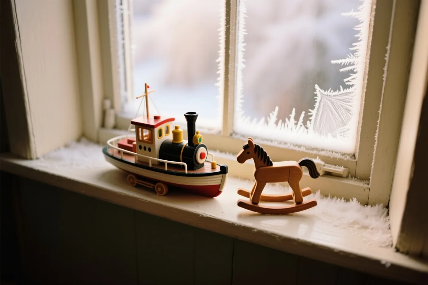 Een speelgoedstoomboot en een houten hobbelpaard staan in warm licht op een vensterbank voor een raam met ijsbloemen.
